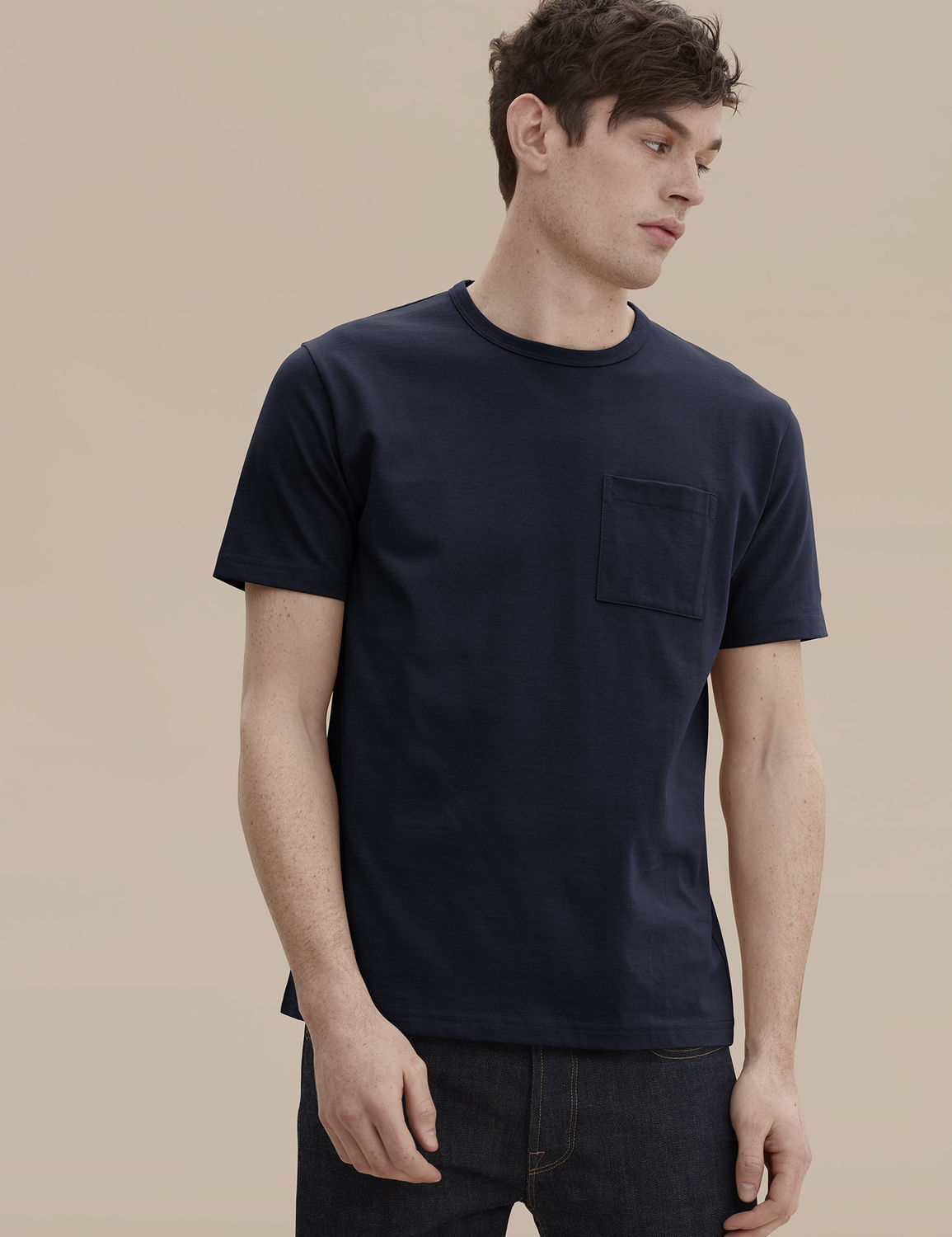 navy crew-neck t-shirt with front pocket