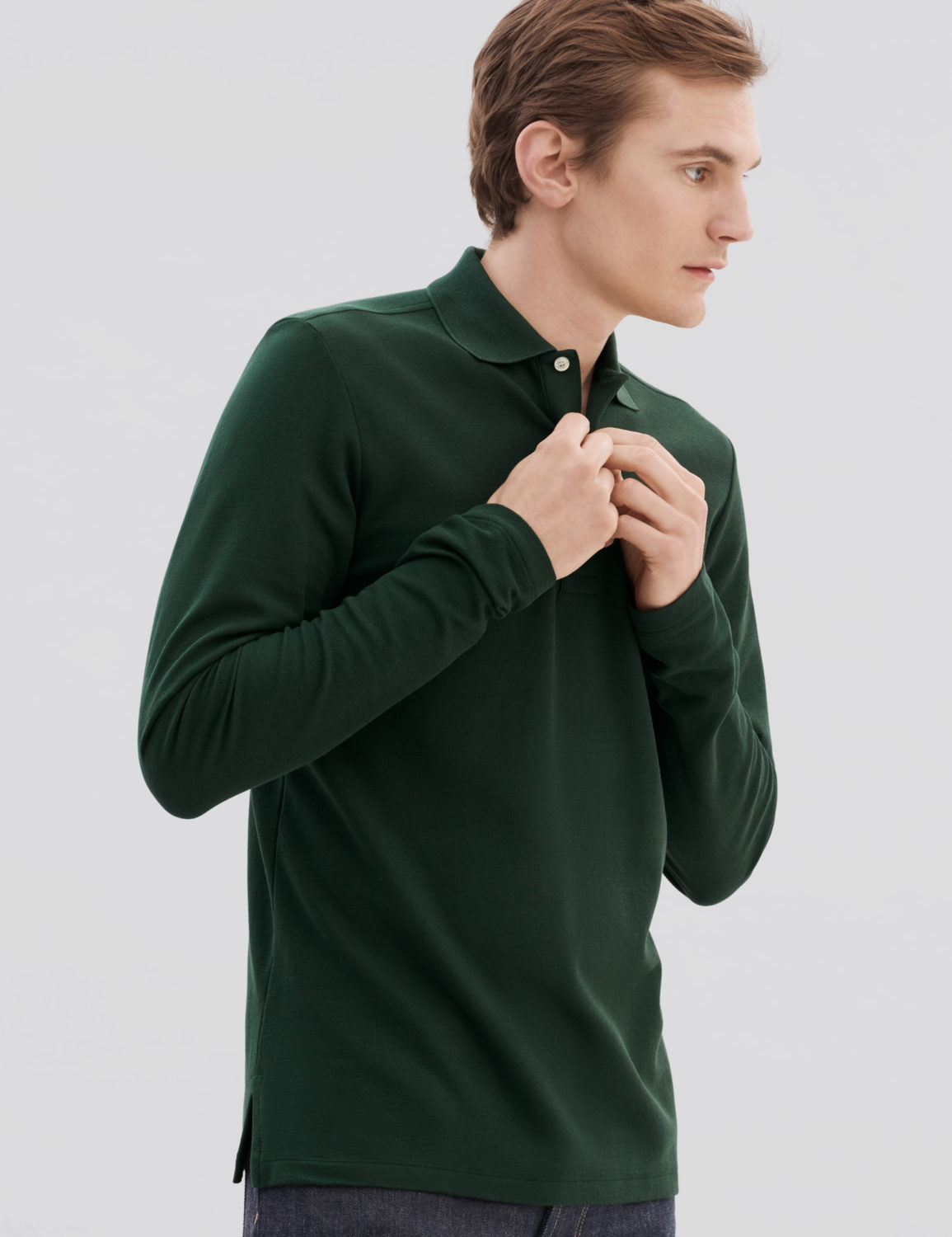 men's long sleeved pique polo short in green