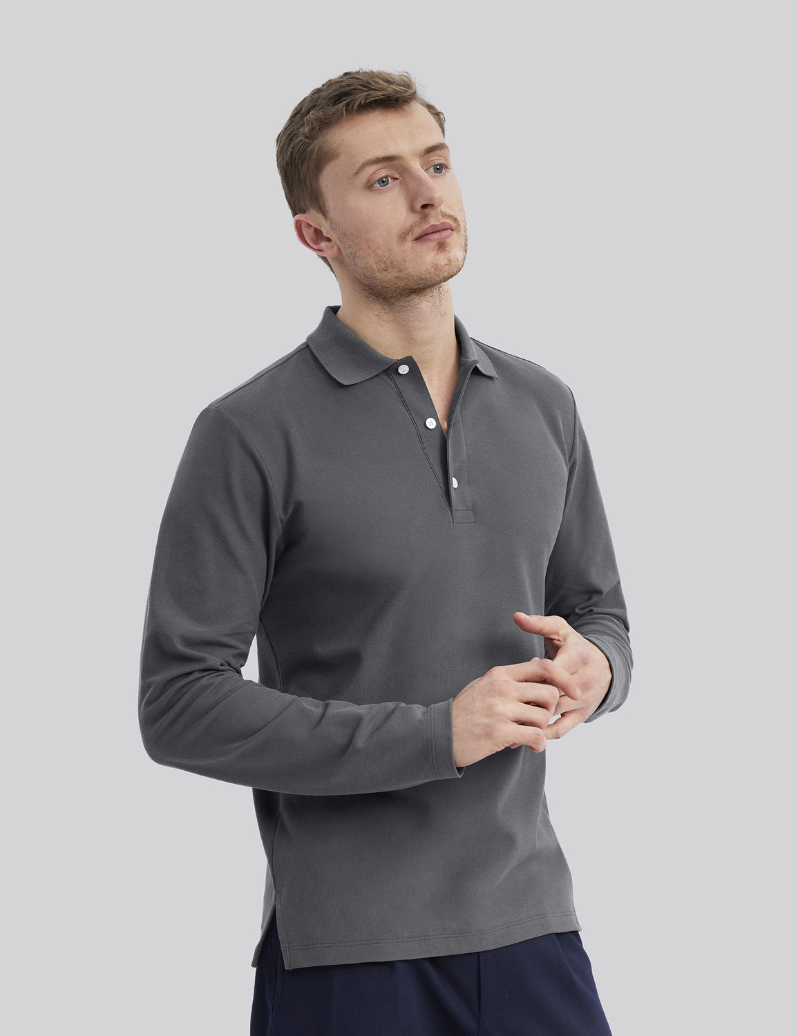 men's long sleeved pique polo short in grey